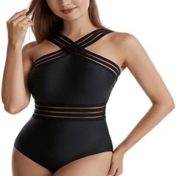 Kenneth Cole Black One Piece MED Cross Neck Illusion Mesh Swimsuit Bathing Suit - Picture 3 of 11